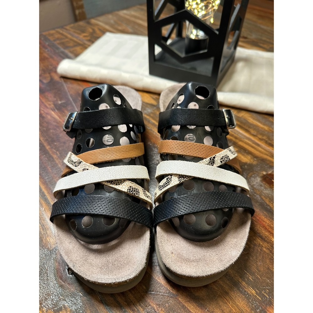 Mephisto Air-Relax Women 38 or 8 Black Leather MultiStrap Snakeskin Cork Sandal - Picture 2 of 13